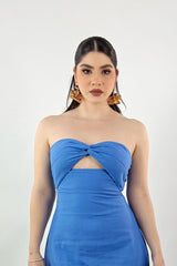 Vestido Lino Corto Suelto Azul