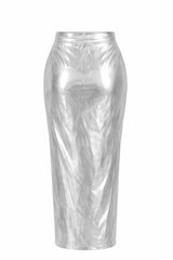 Falda Midi Metalica Con Abertura Plata