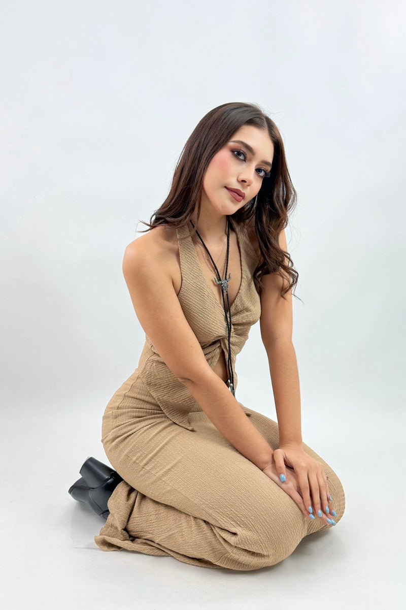 Set Top y Maxi Falda Texturizado Khaki
