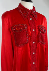 Camisa Satinada Con Pedreria Rojo lo