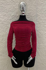 Blusa Rhinestone Ruched Rojo