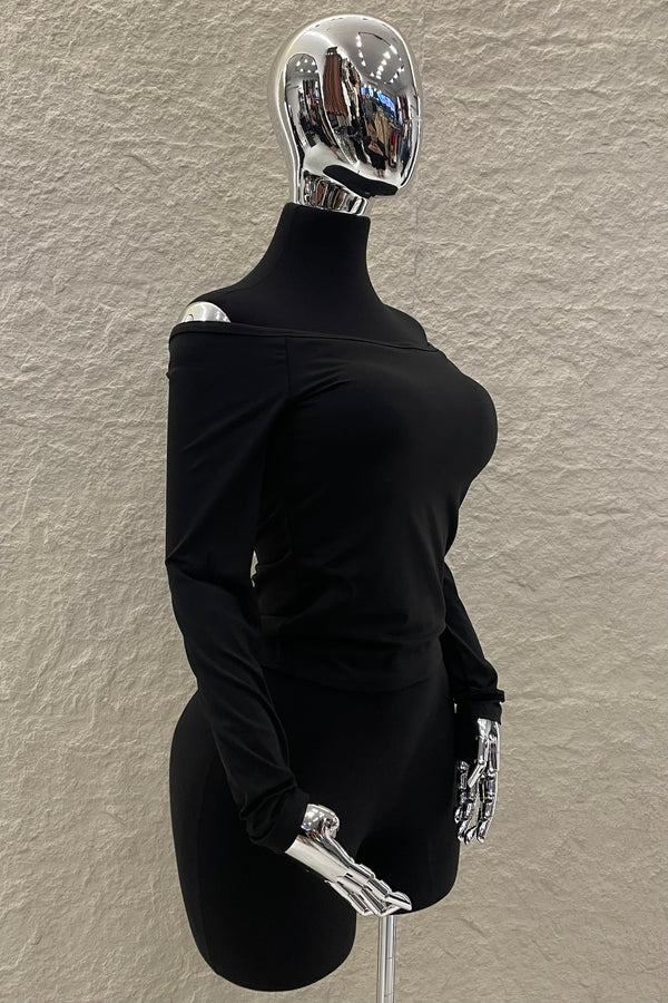 Top Off Shoulder Manga Larga Negro