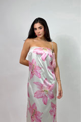 Vestido Largo Strapless Floral Blanco