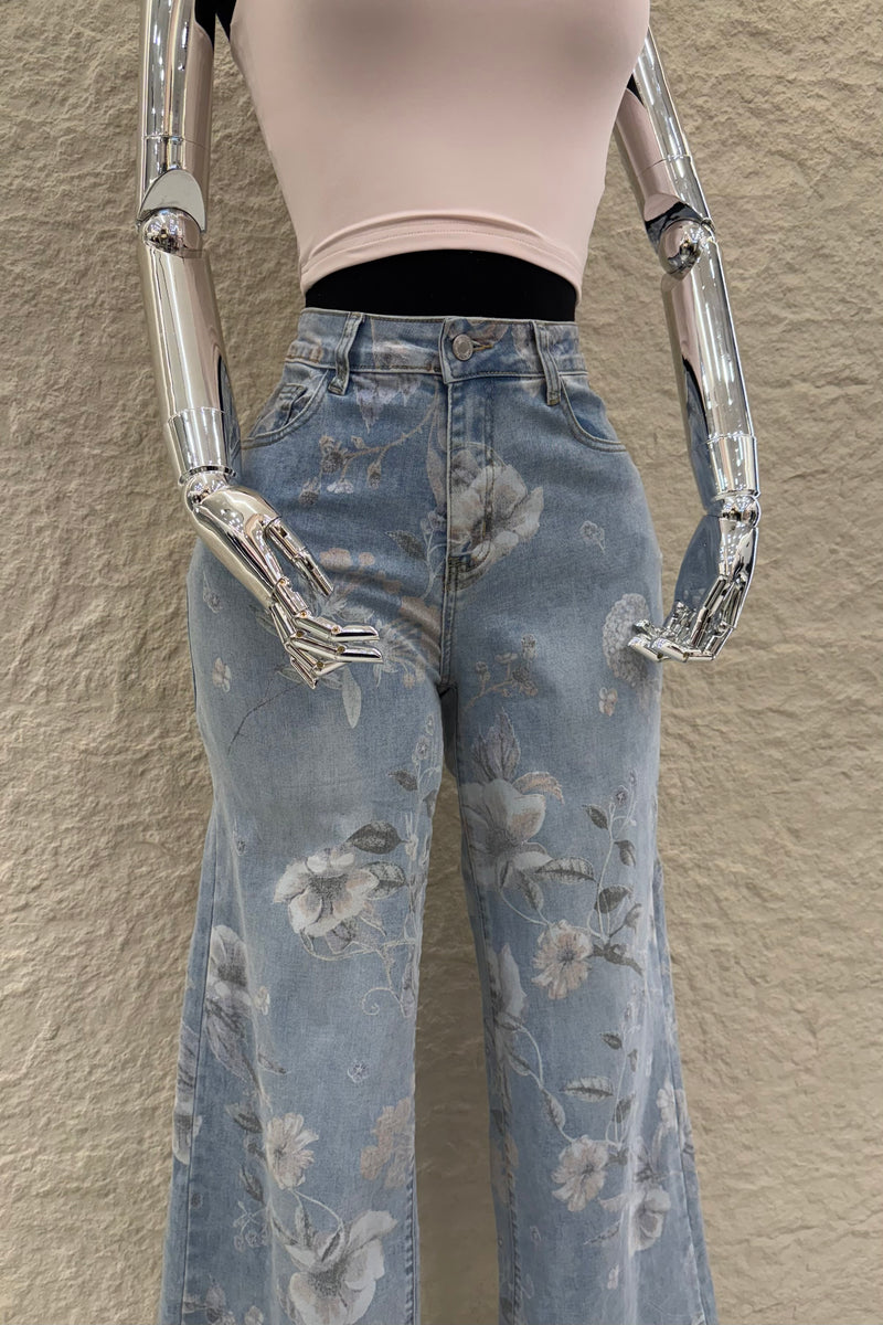 Pantalon Denim Estampado de Flores