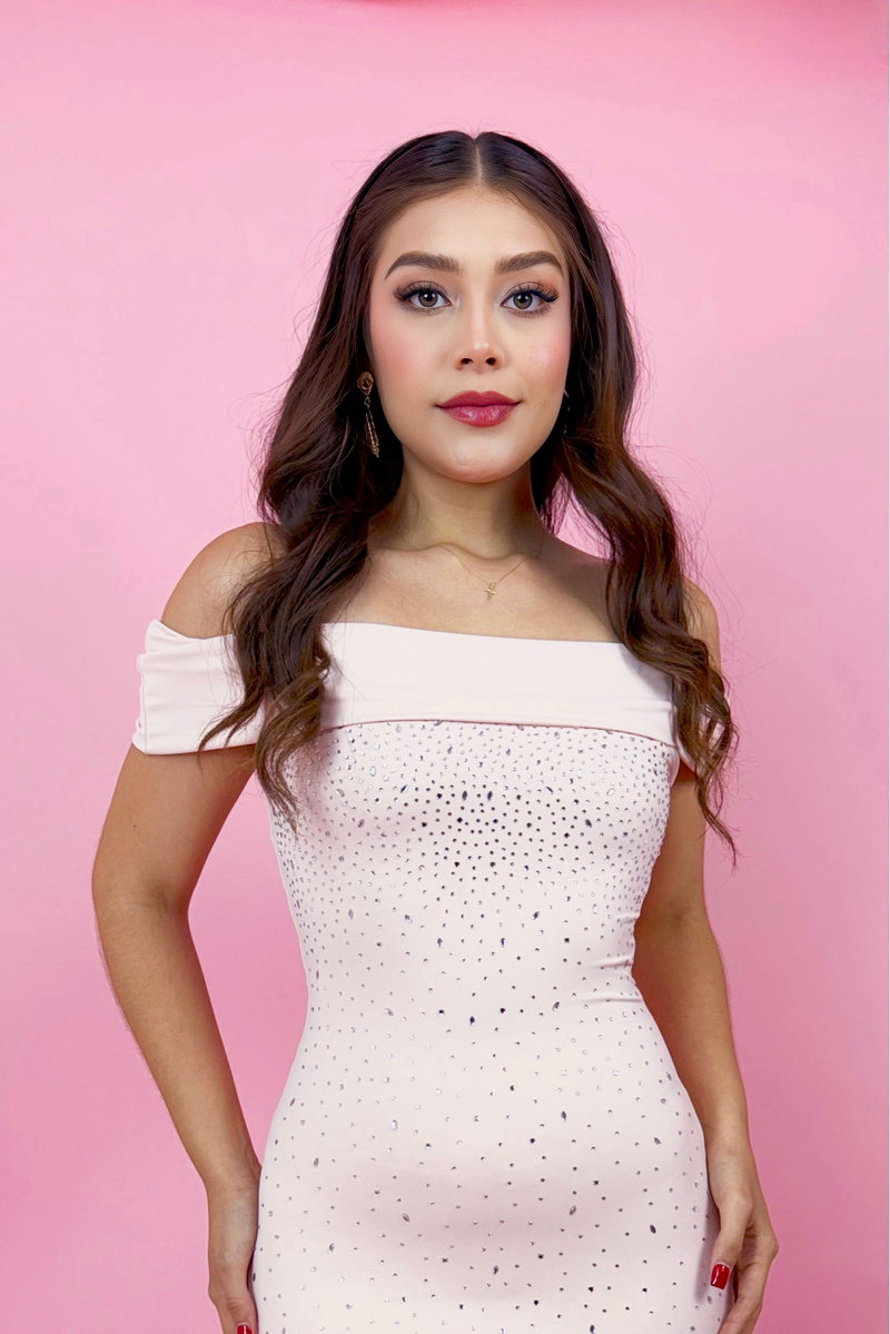 Vestido Off Shoulder Rhinestone Rosa