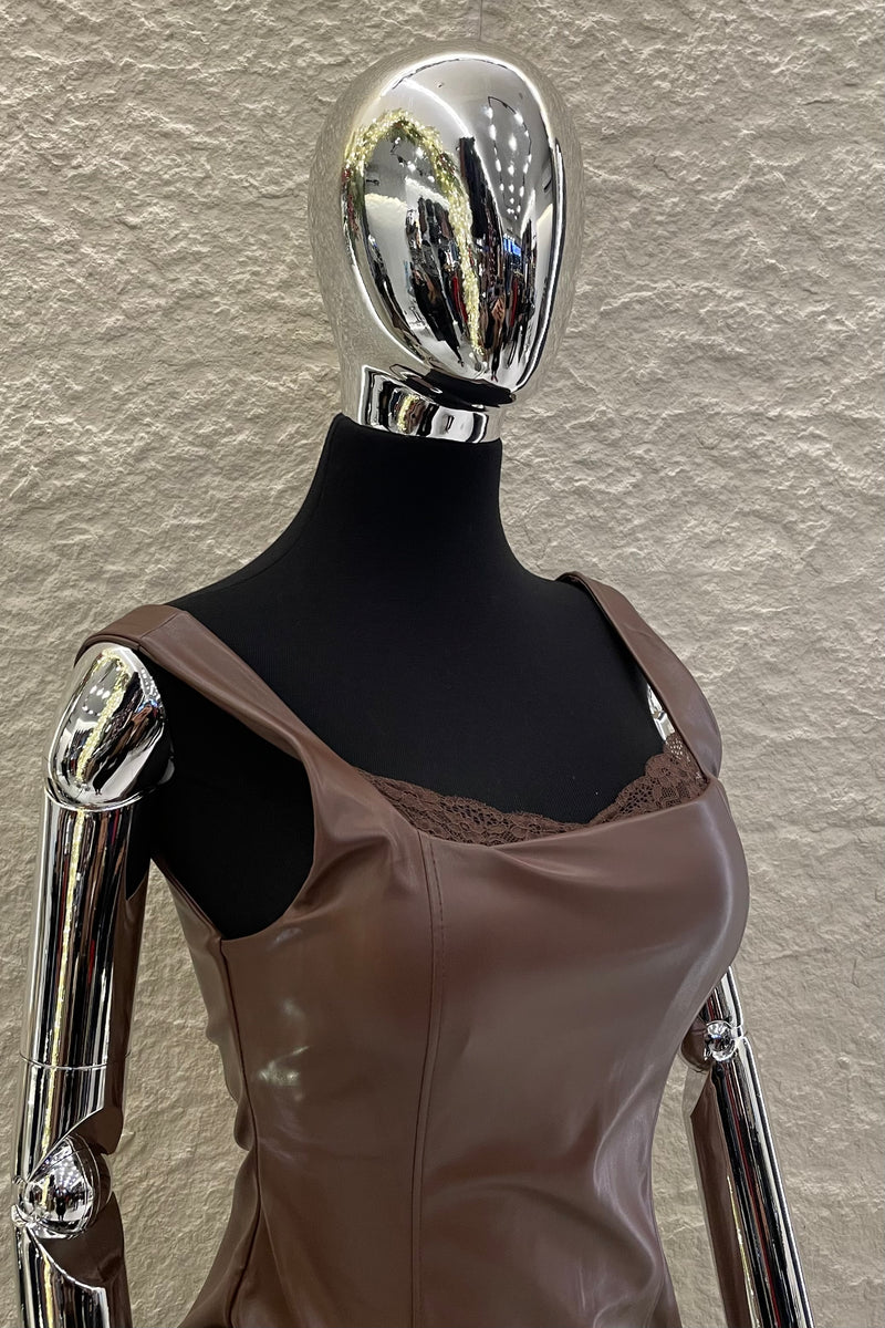 Vestido Midi Vinipiel con Encaje Cafe