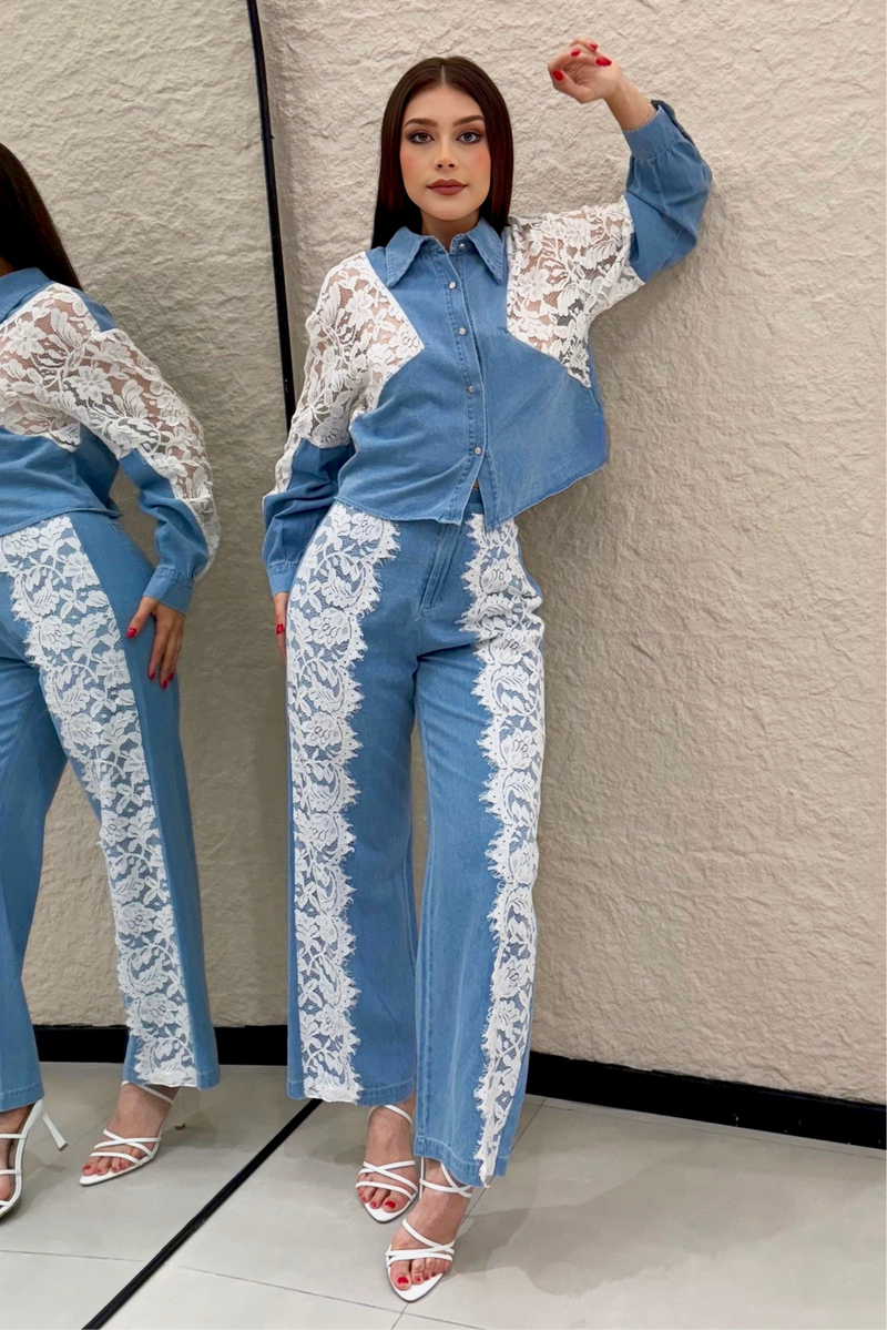 Pantalon Denim Con Encaje Blanco