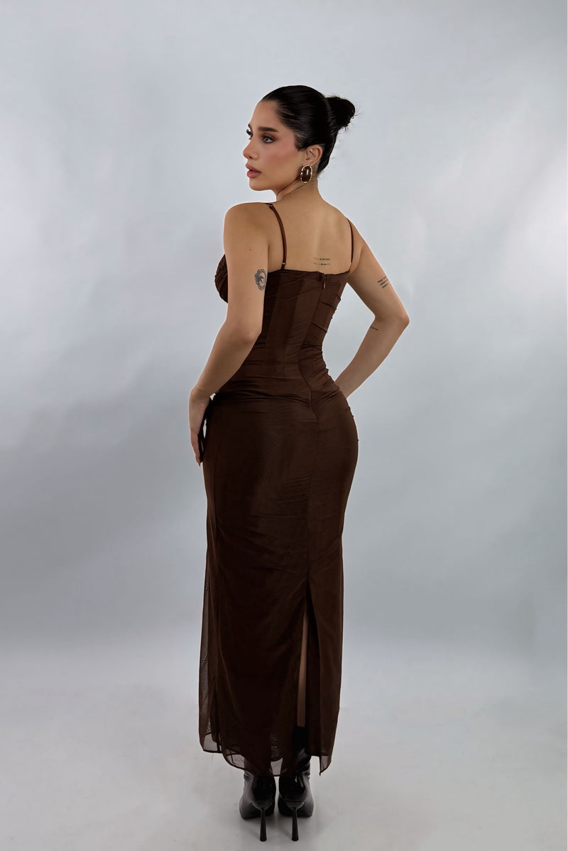 Vestido Corset Mesh Cafe