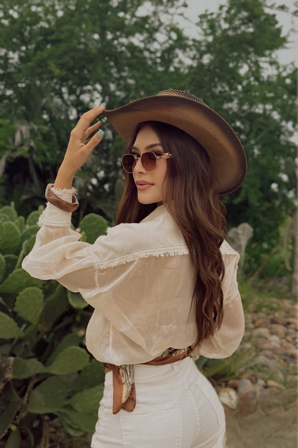 Camisa Manga Larga Transparente Beige