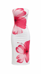 Vestido Midi Strapless Floreado Rosa
