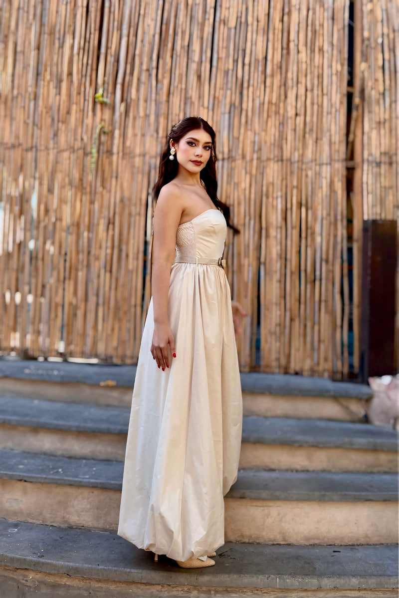 Vestido Strapless Largo Beige