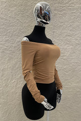 Top Off Shoulder Manga Larga Beige
