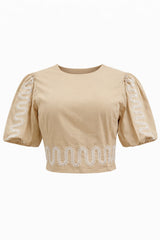 Blusa Puff Beige con Bordado Blanco