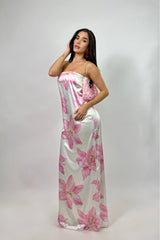 Vestido Largo Strapless Floral Blanco