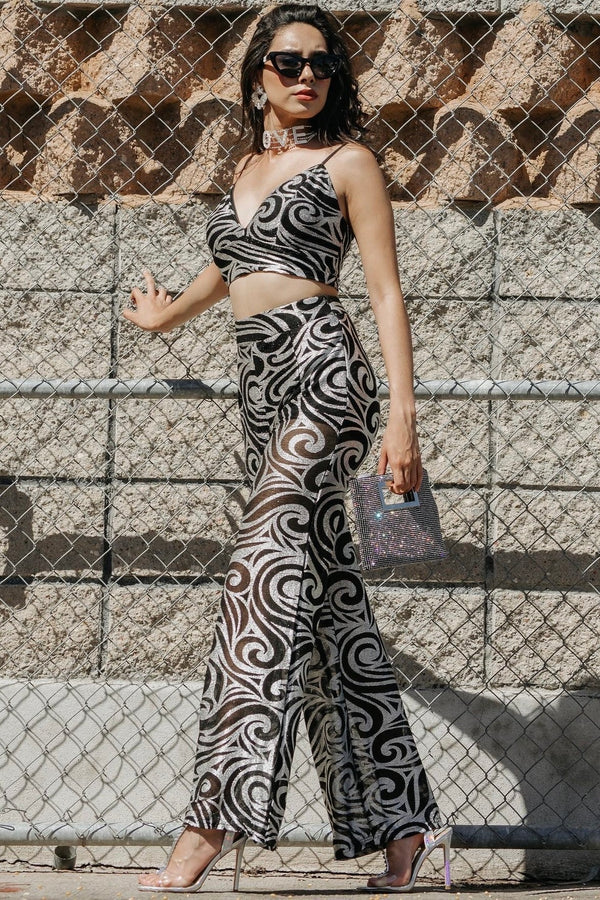 Pantalón Estampado Metálico Negro y Plata