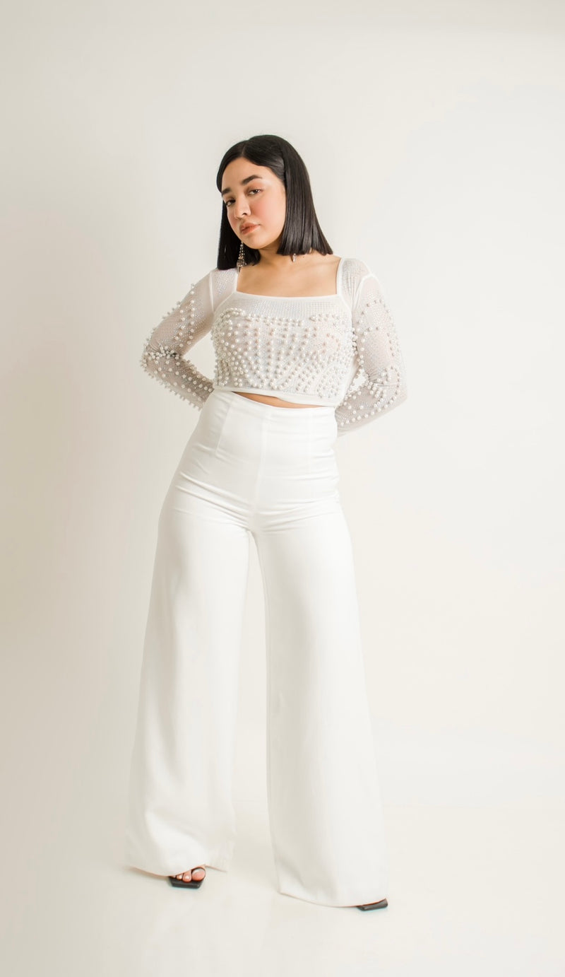 CropTop Con App de Perlas Blanco