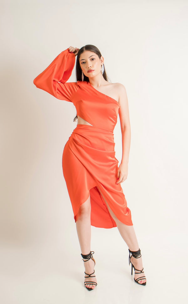 Vestido Midi Escote Abdm Naranja