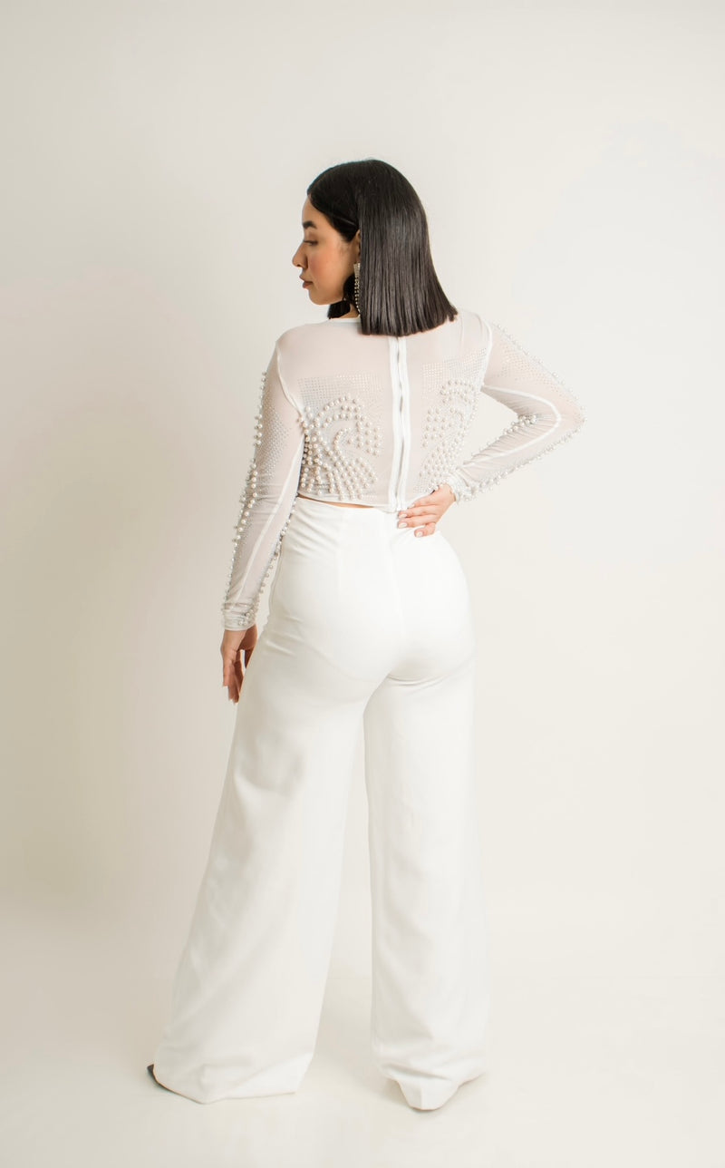 CropTop Con App de Perlas Blanco