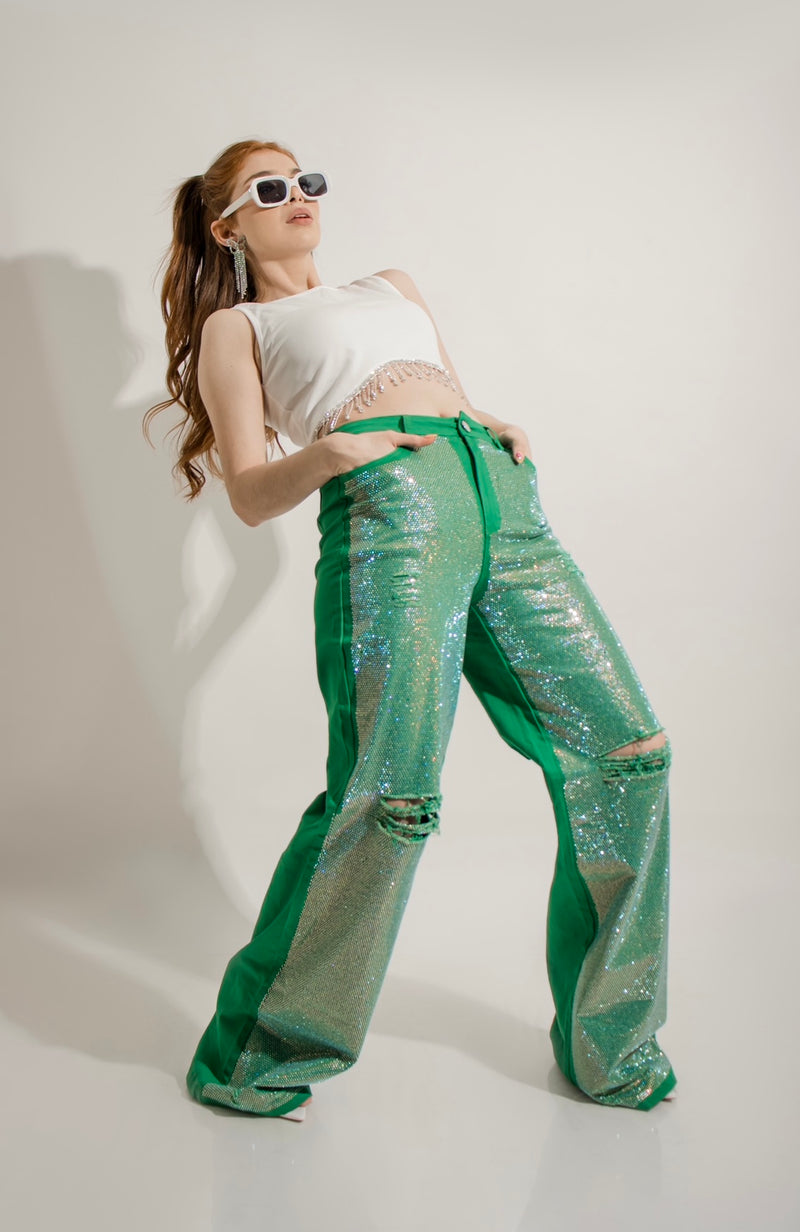 Pantalon Verde Con Rhinestone