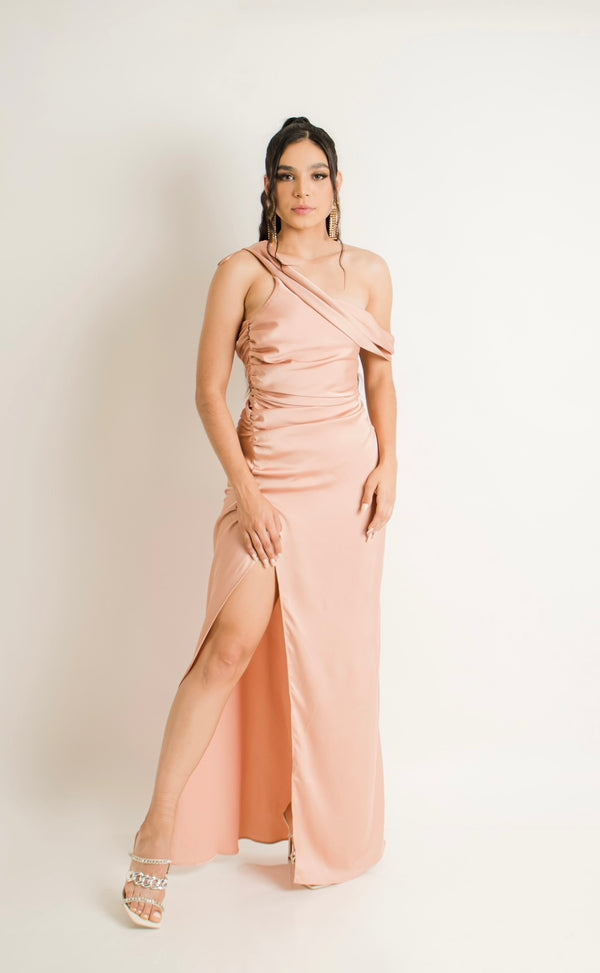 Vestido Satinado De Un Hombro Rosa