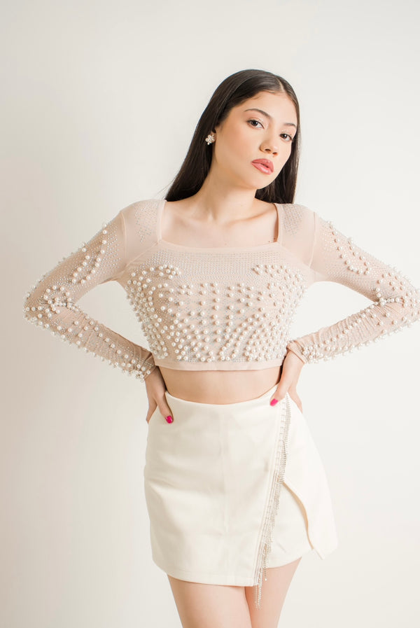 CropTop Con App de Perlas Beige