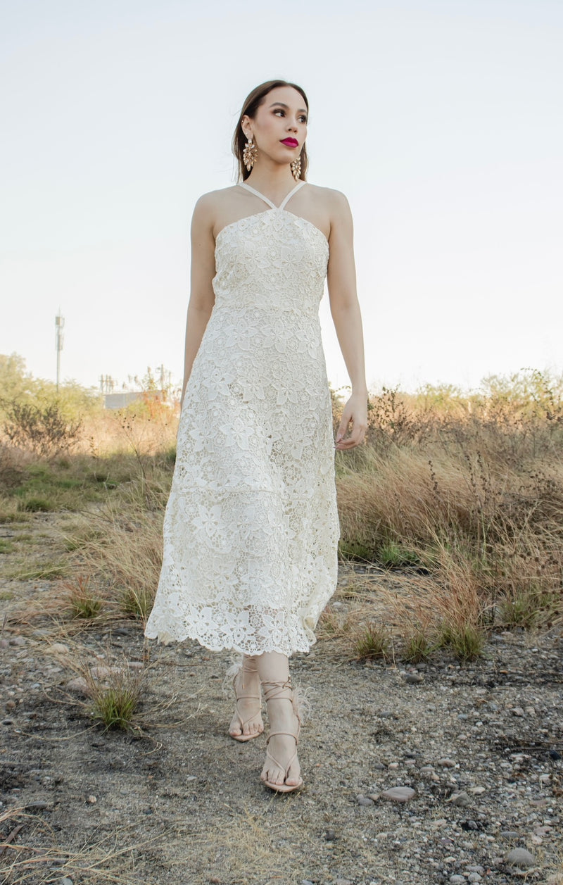 Vestido Midi De Encaje Beige Halter