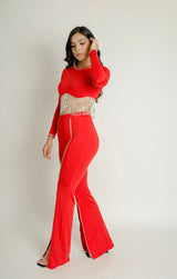 Set de Pantalon Con Tiras de Pedreria Rojo