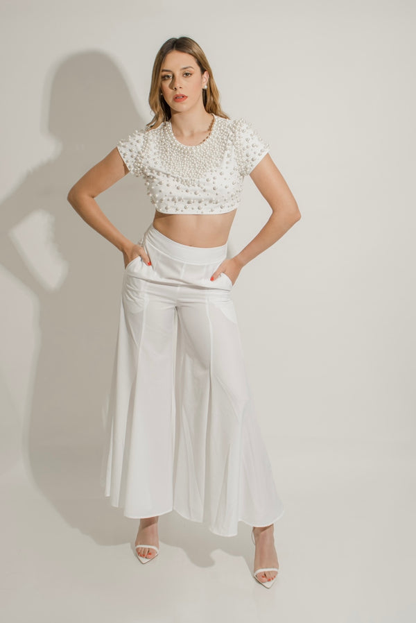 Pantalon Palazzo Satinado Blanco