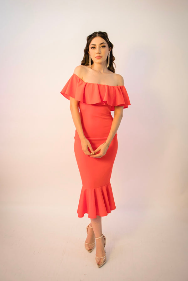 Vestido Midi OffShoulder Naranja