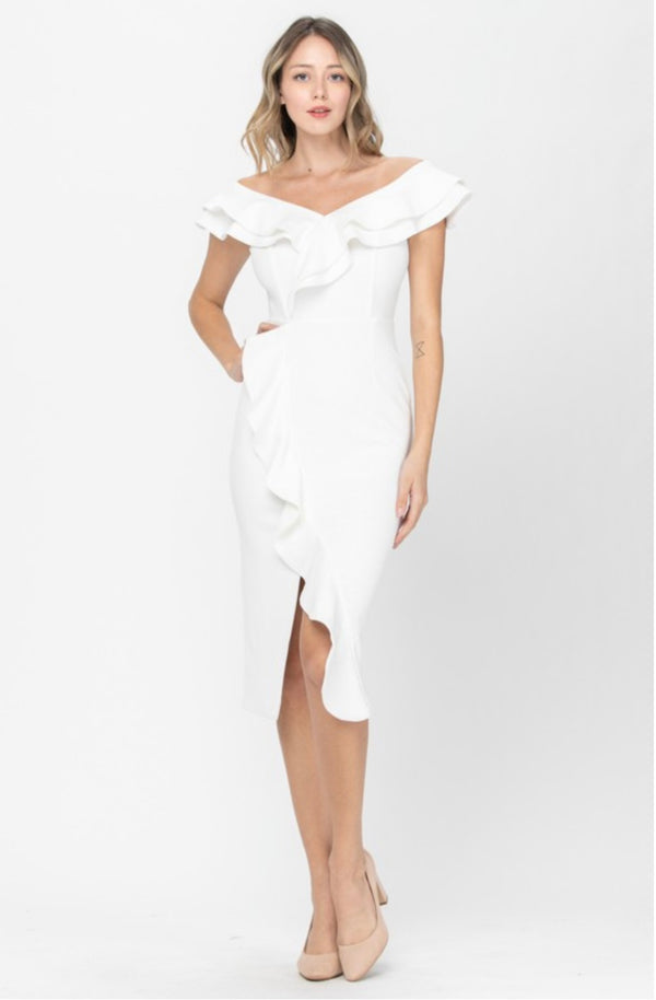 Vestido Midi BlancoCon Ruffle Off Shoulder