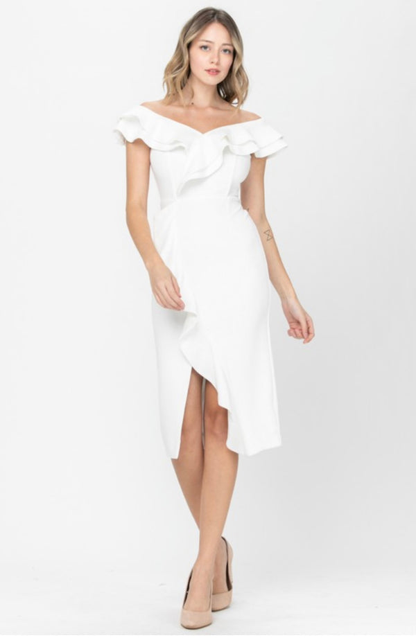 Vestido Midi BlancoCon Ruffle Off Shoulder