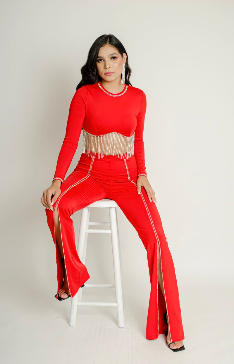 Set de Pantalon Con Tiras de Pedreria Rojo