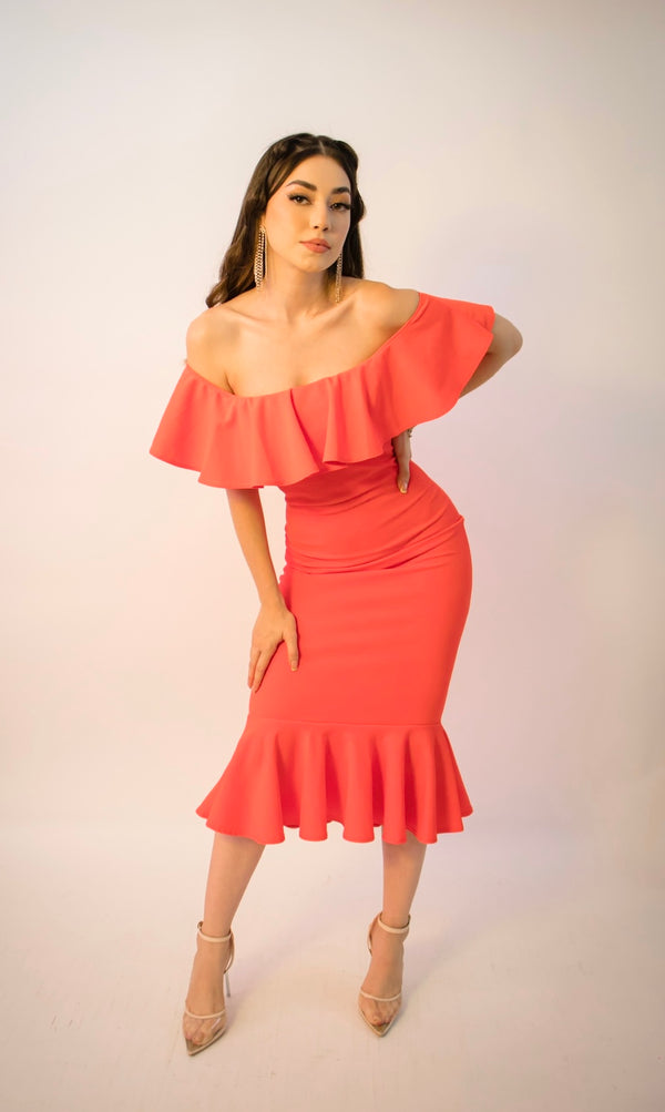 Vestido Midi OffShoulder Naranja