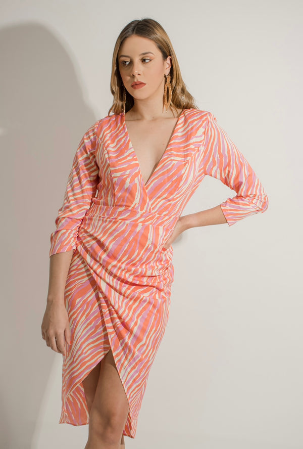 Vestido Midi Zebra Rosa Con Naranja