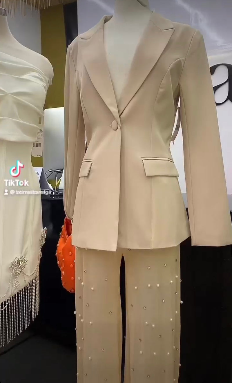 Set de Blazer Con Pantalon Transparente Beige