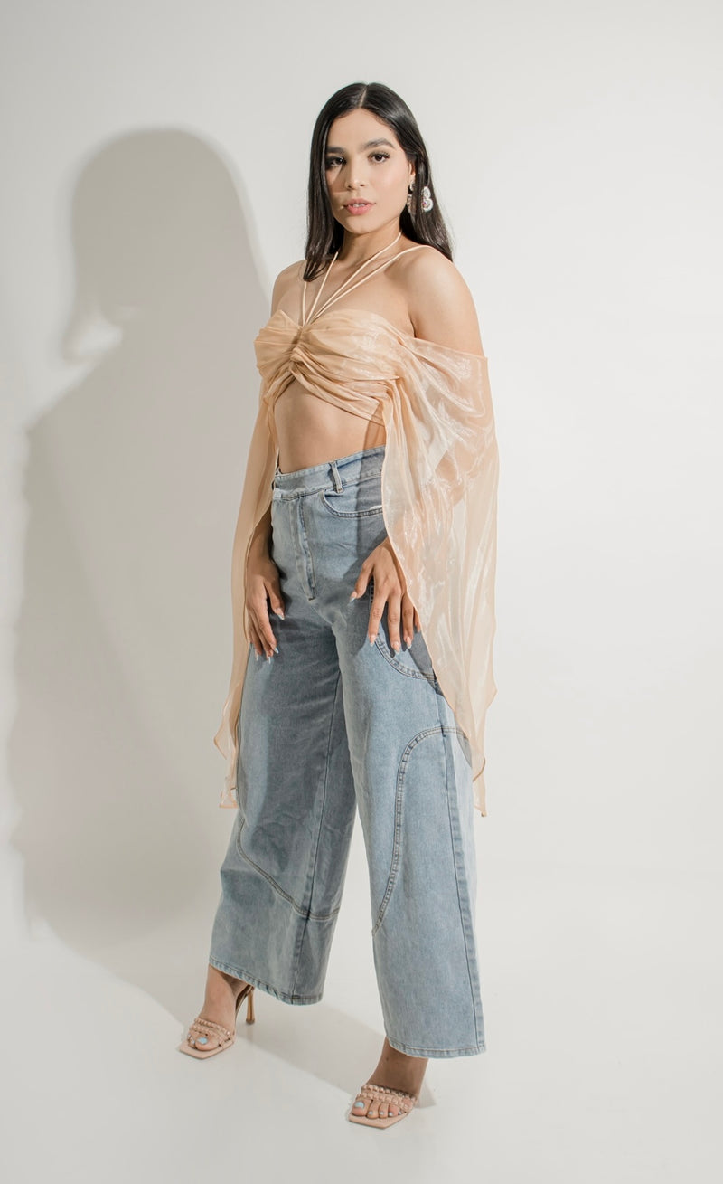 Croptop con Mangas Transparente Beige