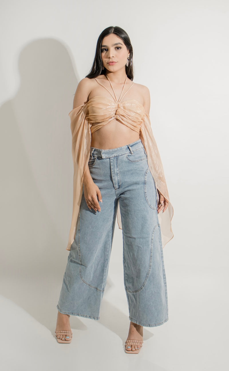 Croptop con Mangas Transparente Beige