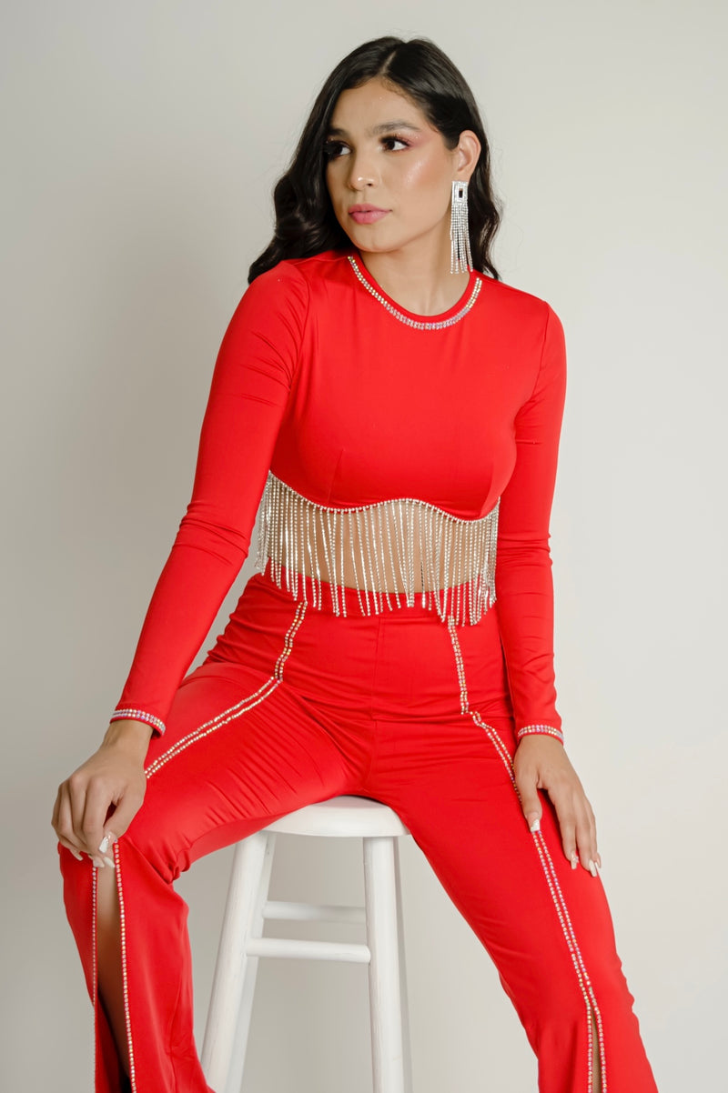 Set de Pantalon Con Tiras de Pedreria Rojo