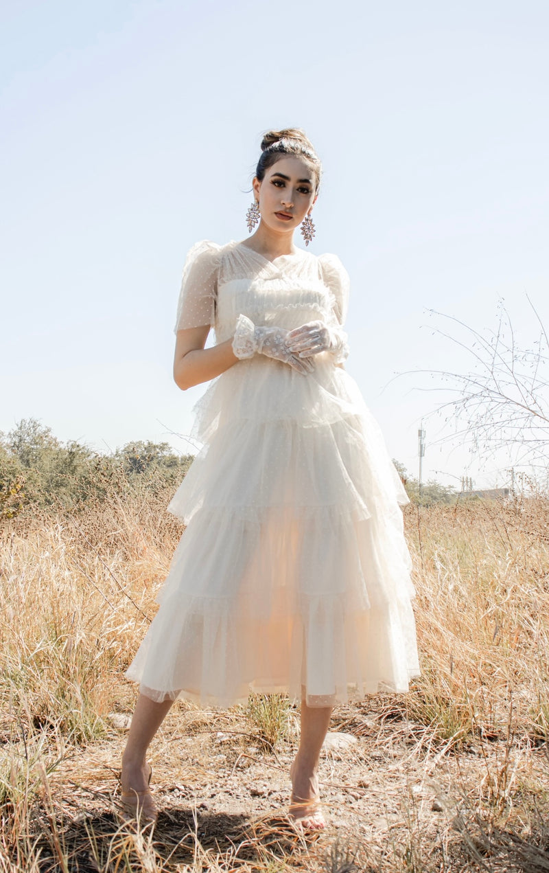 Vestido Midi de Tul Suelto Beige